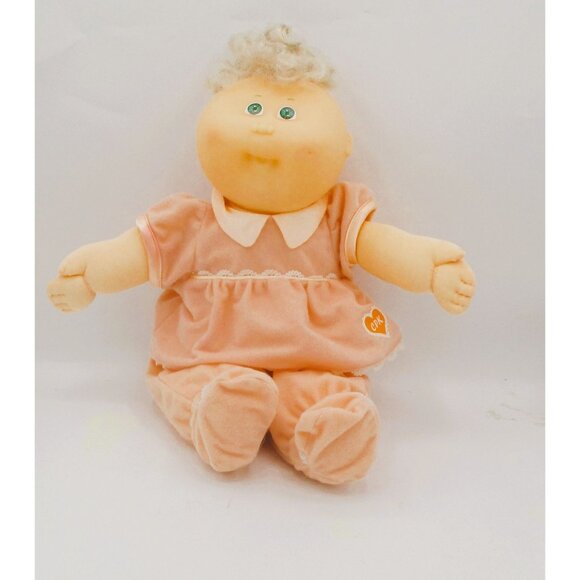 1989 Cabbage Patch Kid Doll In Peach Outfit Platinum Top Knot Green Eyes Soft Bo - Picture 4 of 8